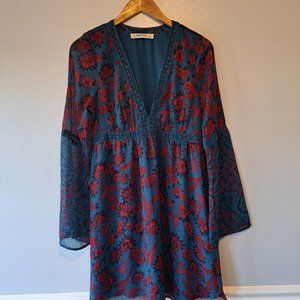 Abercrombie & Fitch Teal Red Floral Mix Print Long Bell Sleeve Mini Dress Large